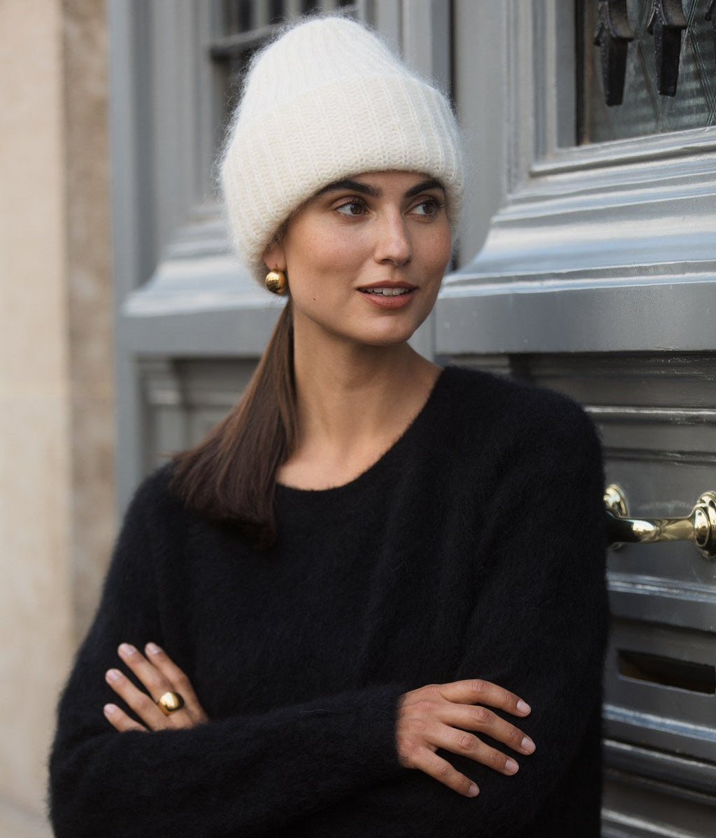 Chocolate brown kid mohair beanie and scarf