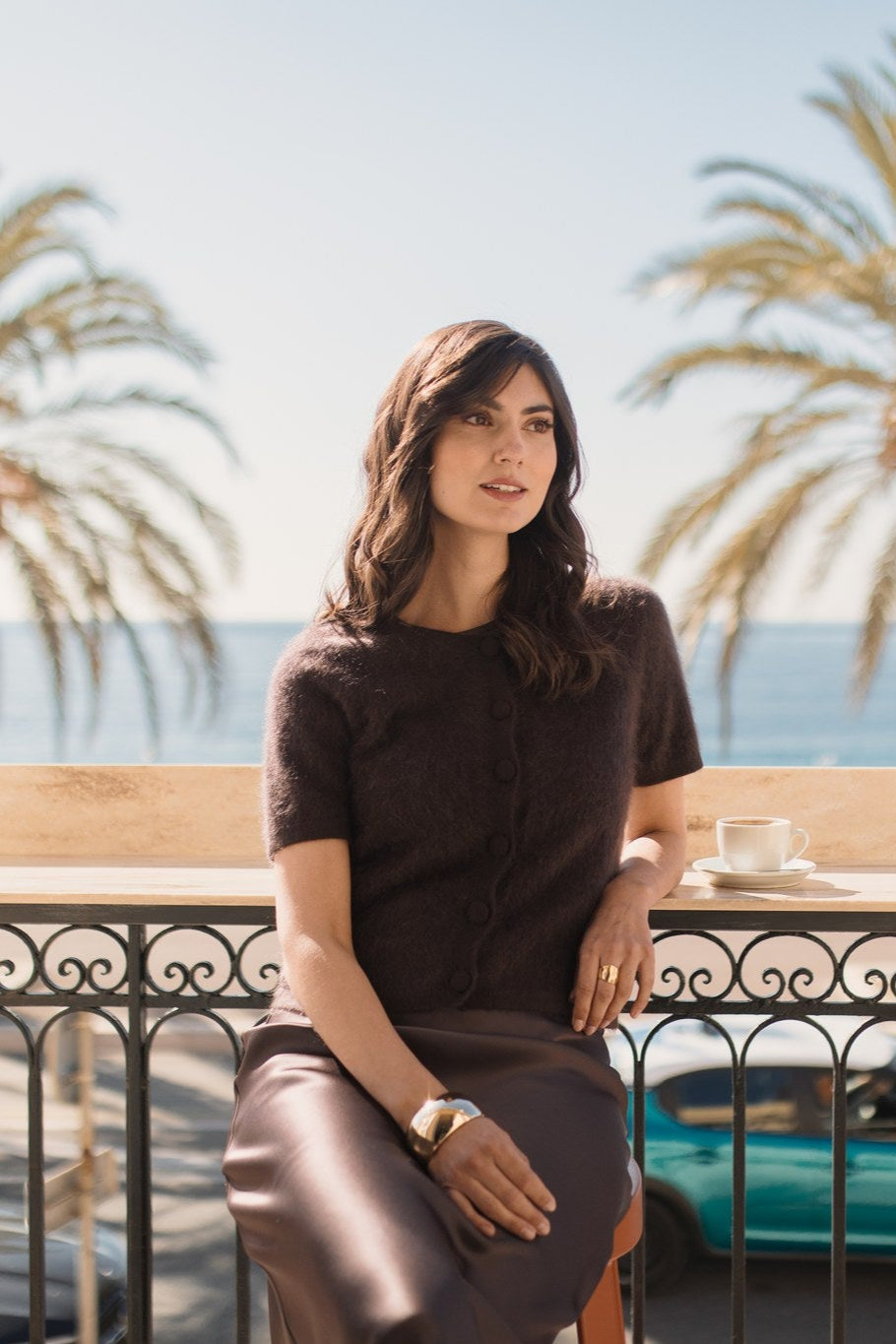 Short-sleeved cashmere cardigan, Dark chocolate