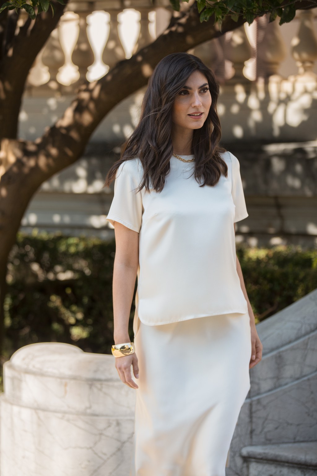 Short-sleeved satin shirt, Cream