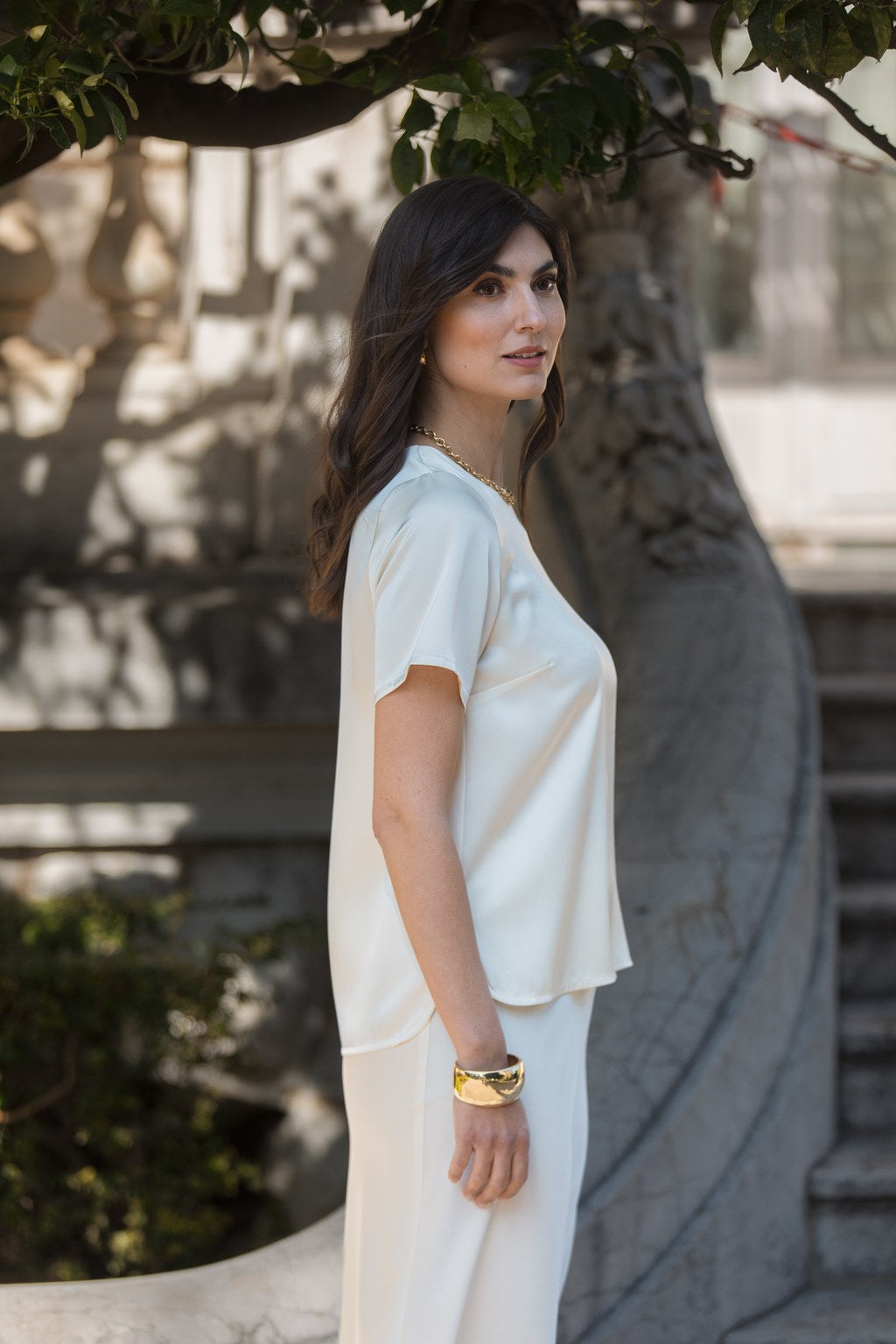 Short-sleeved satin shirt, Cream