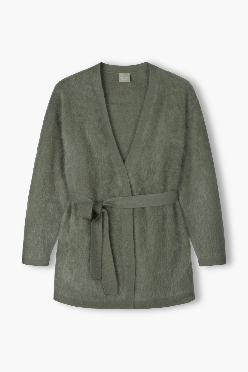 Pitkähihainen harjattu kashmirneuletakki vyöllä, light olive