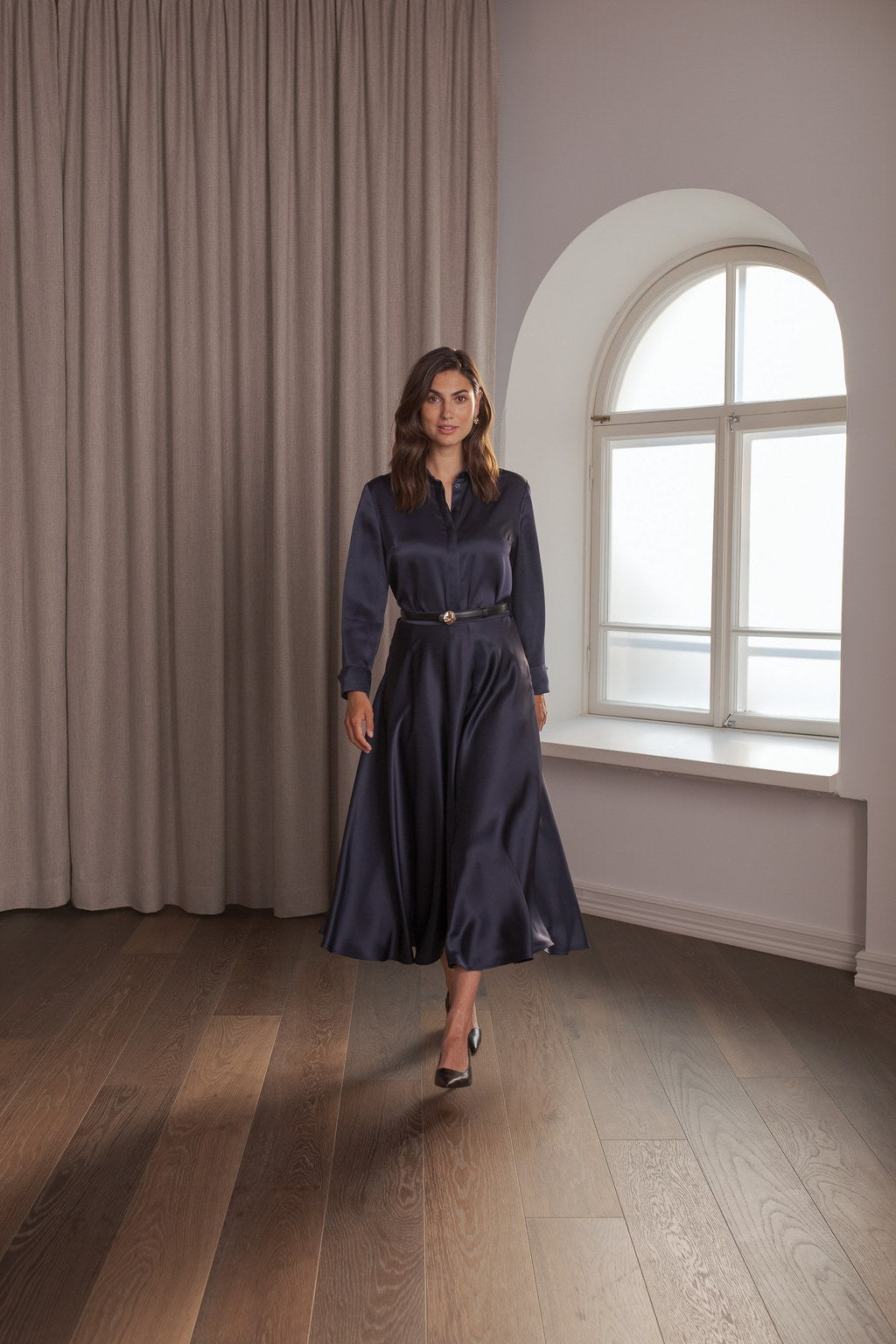 Flared satin skirt, Dark navy