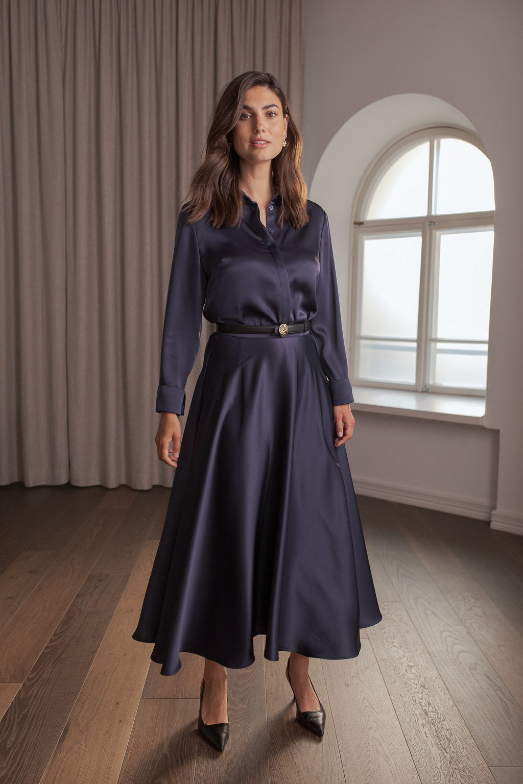 Flared satin skirt, Dark navy