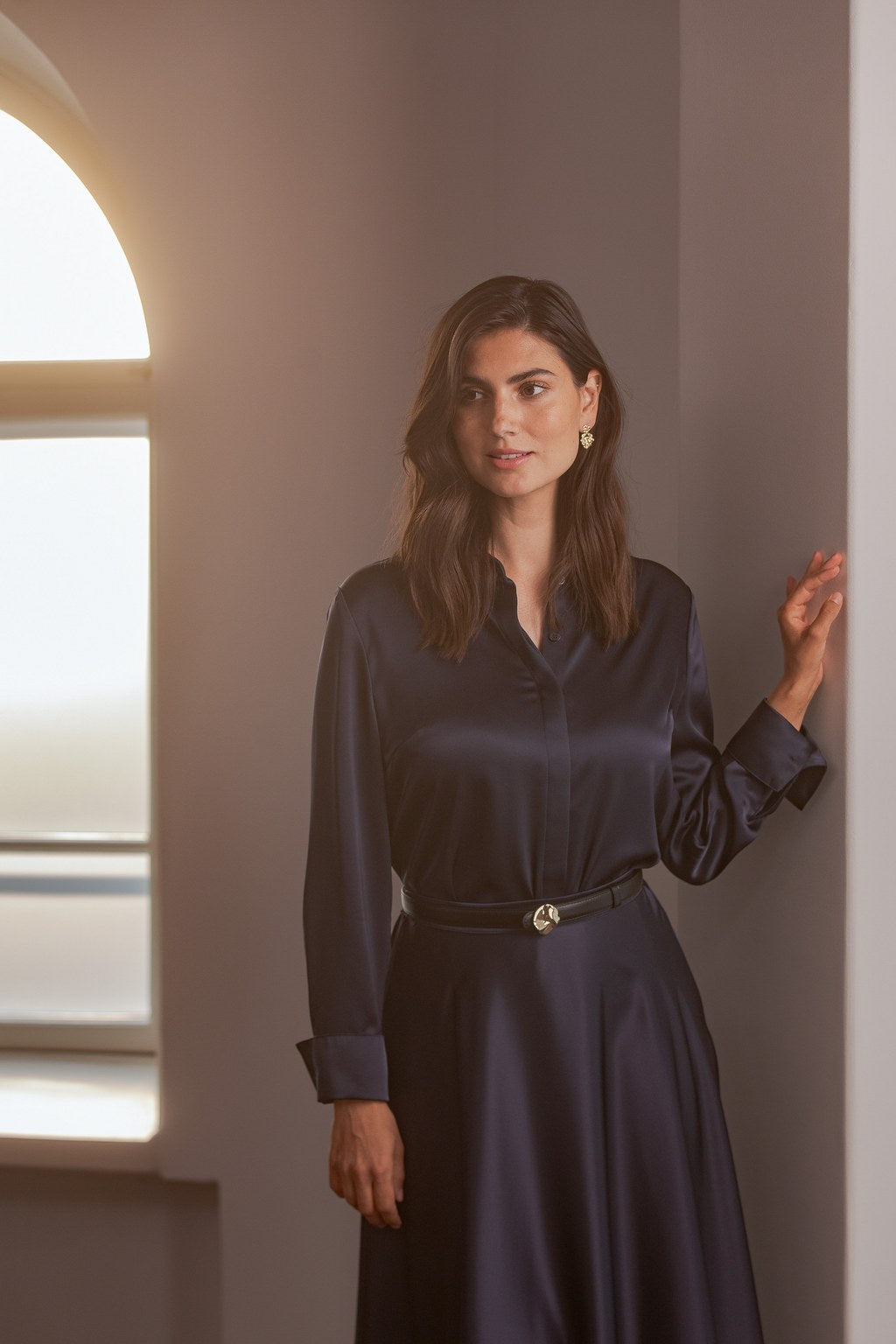 Flared satin skirt, Dark navy