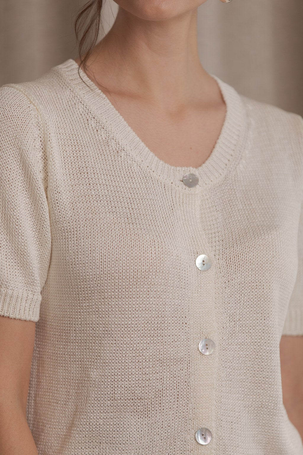 Short-sleeved linen blend cardigan, Cream