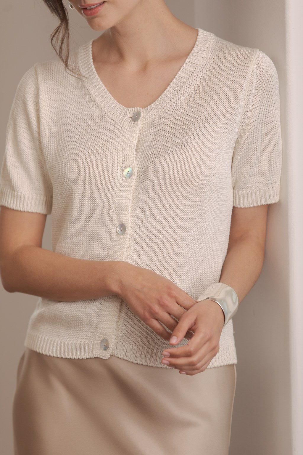 Short-sleeved linen blend cardigan, Cream