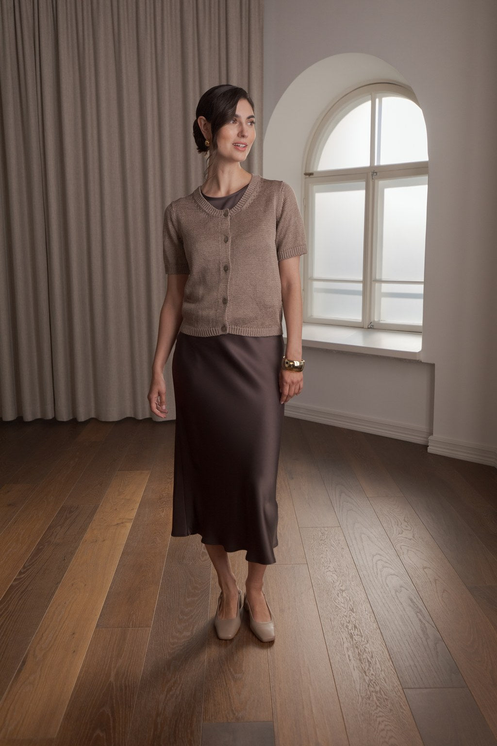 Short-sleeved linen-blend cardigan, Greige