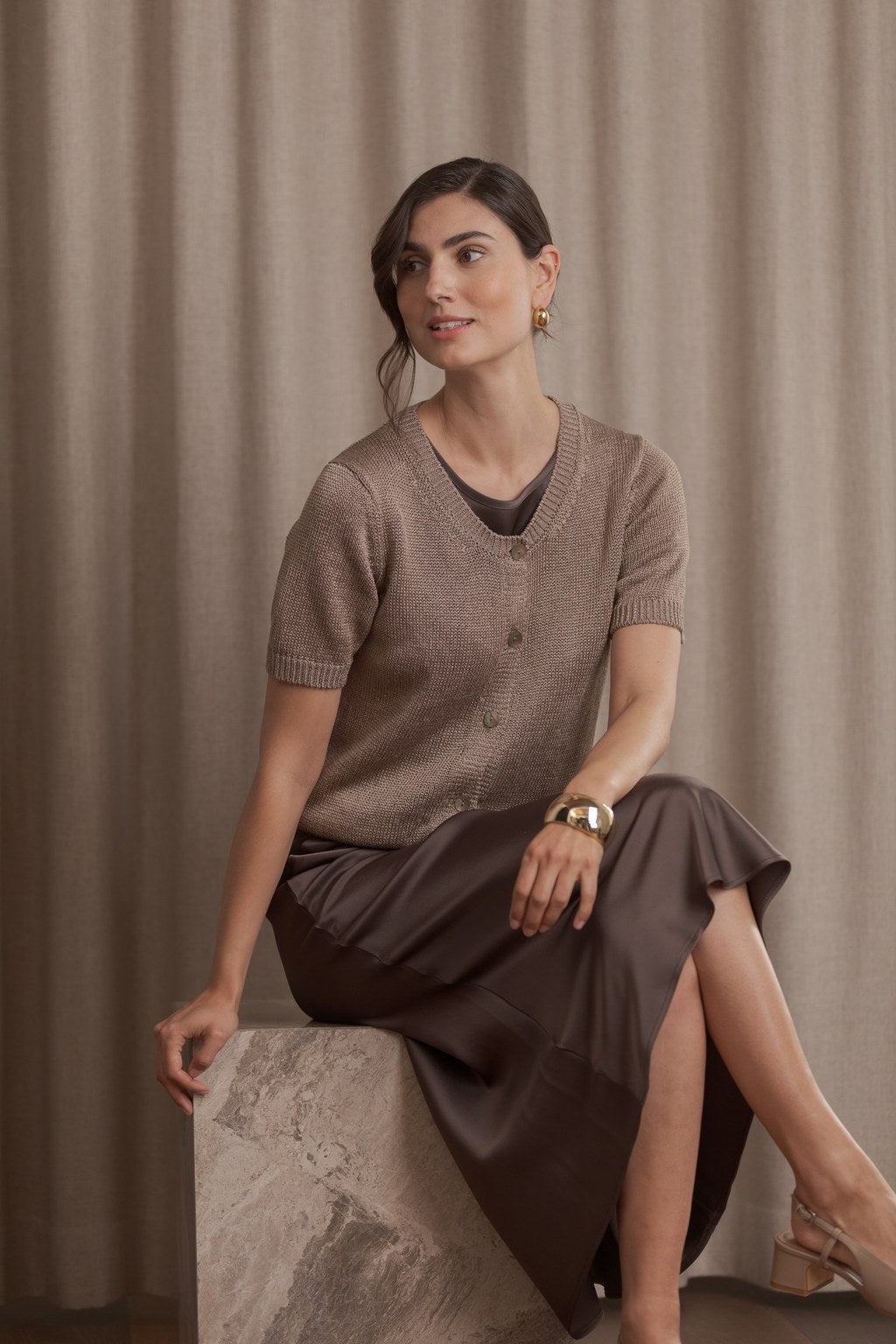 Short-sleeved linen-blend cardigan, Greige