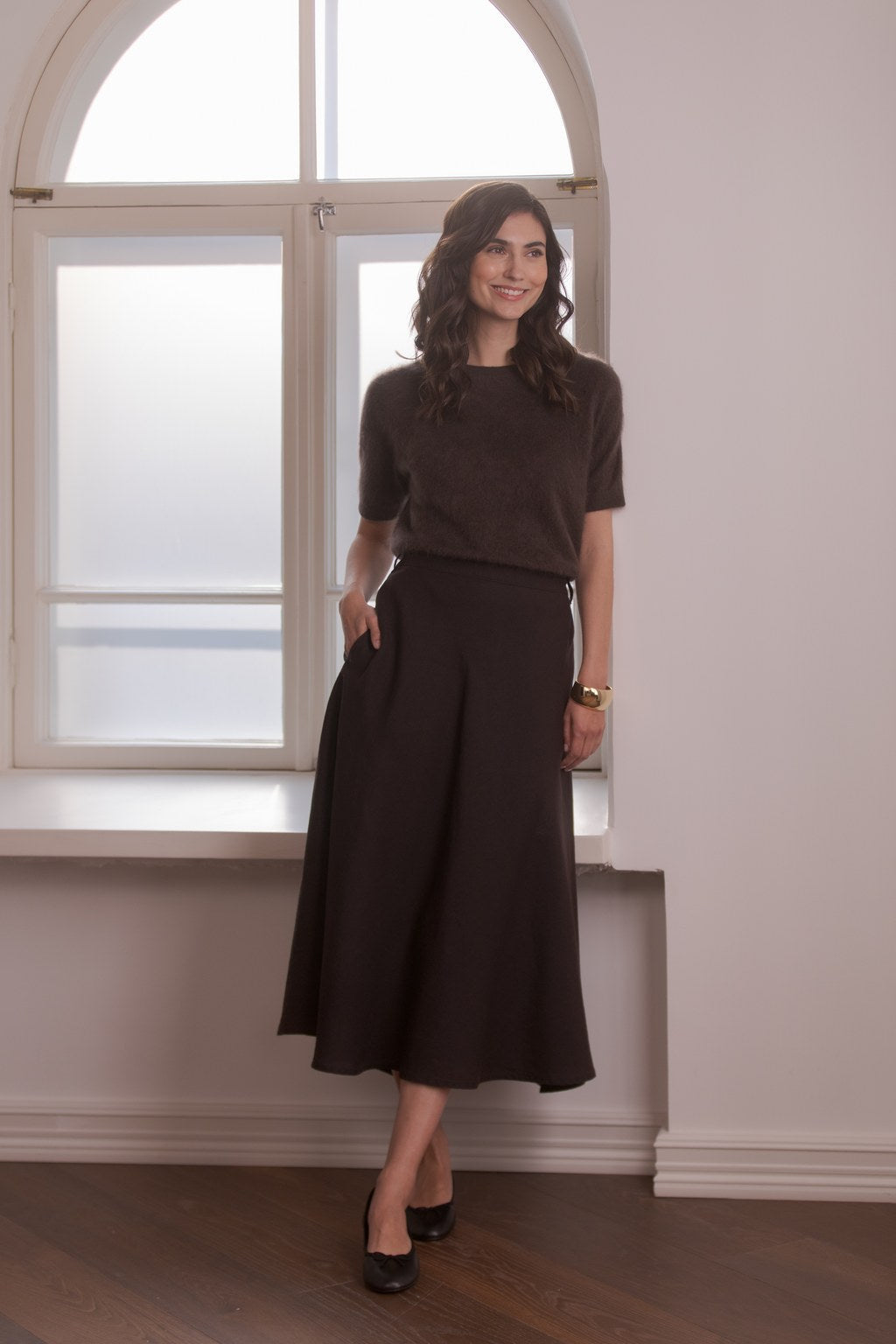 Wide-hemmed linen skirt, Dark chocolate