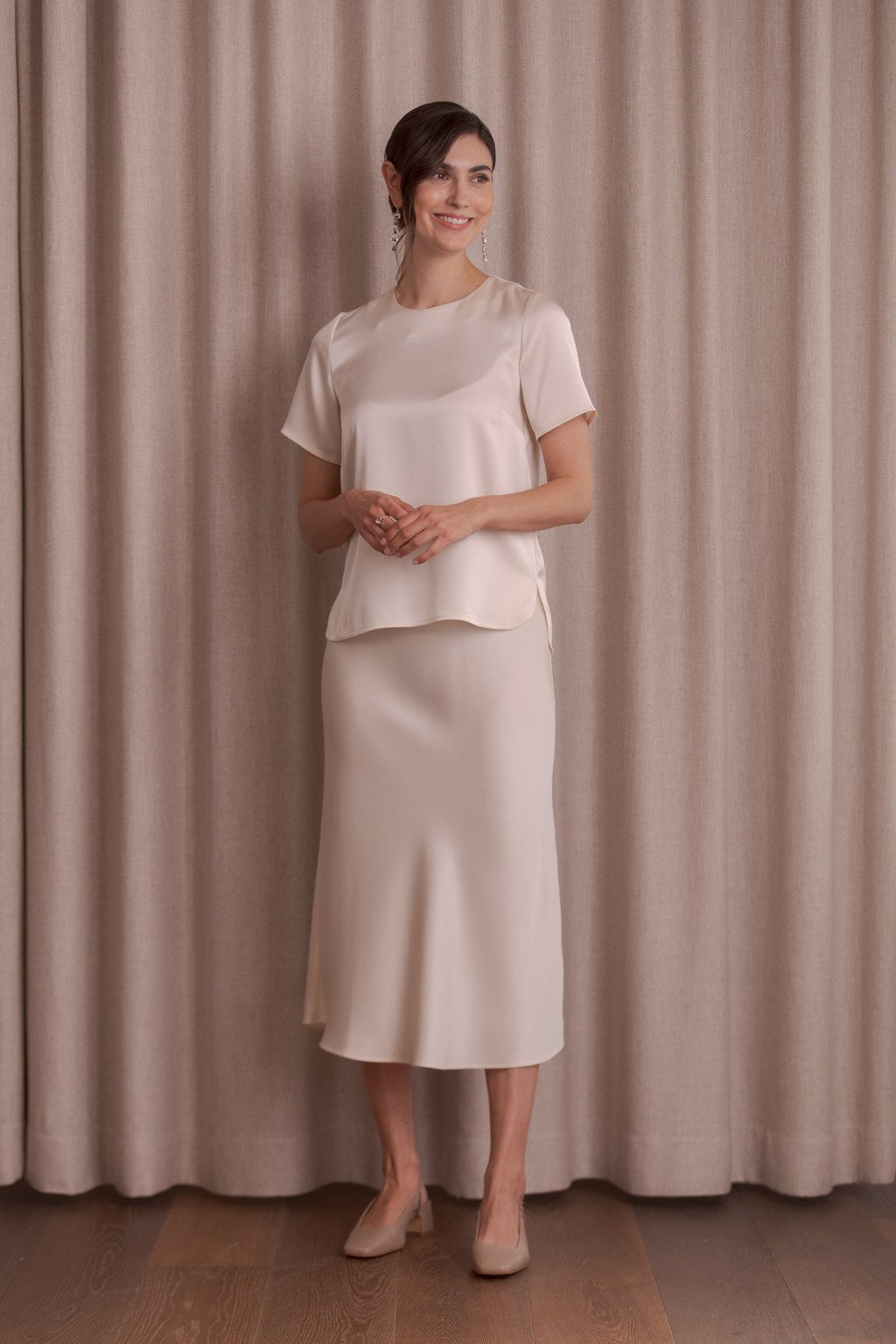 Short-sleeved satin shirt, Cream