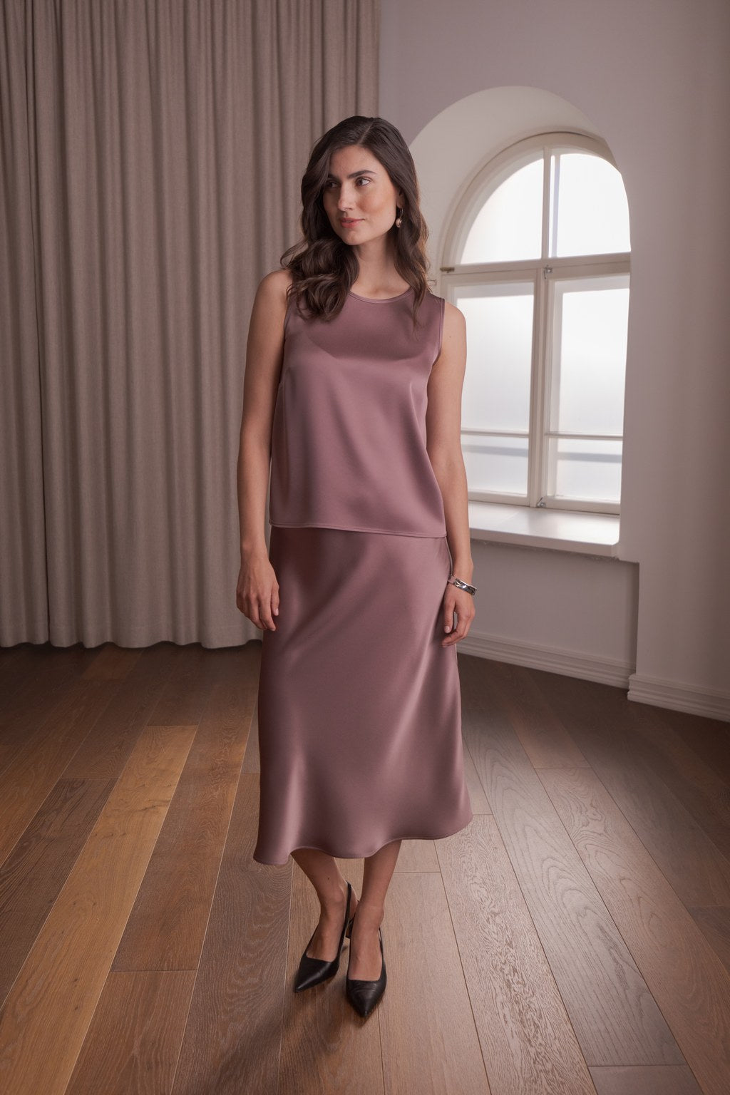 Midi satin skirt, Mauve
