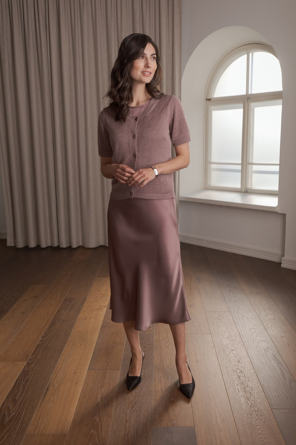 Short-sleeved linen blend cardigan, Mauve