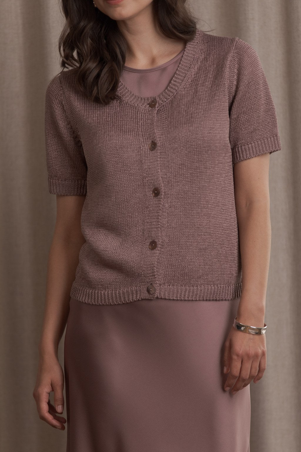 Short-sleeved linen blend cardigan, Mauve