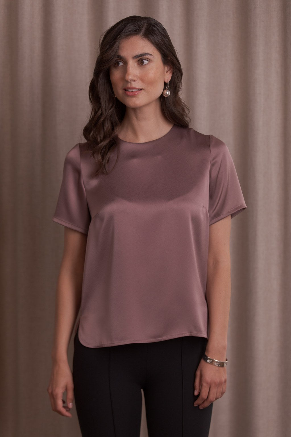 Short-sleeved satin shirt, Mauve