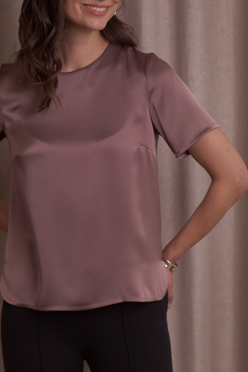 Short-sleeved satin shirt, Mauve