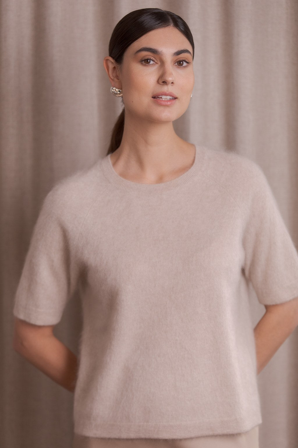 Short-sleeved cashmere sweater, Latte