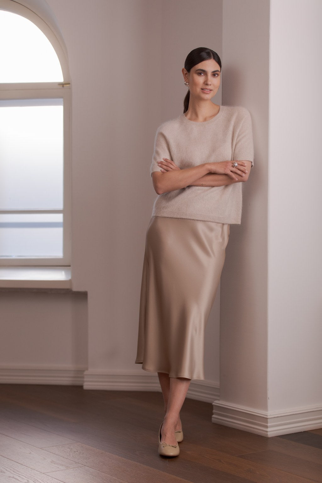 Midi satin skirt, Latte