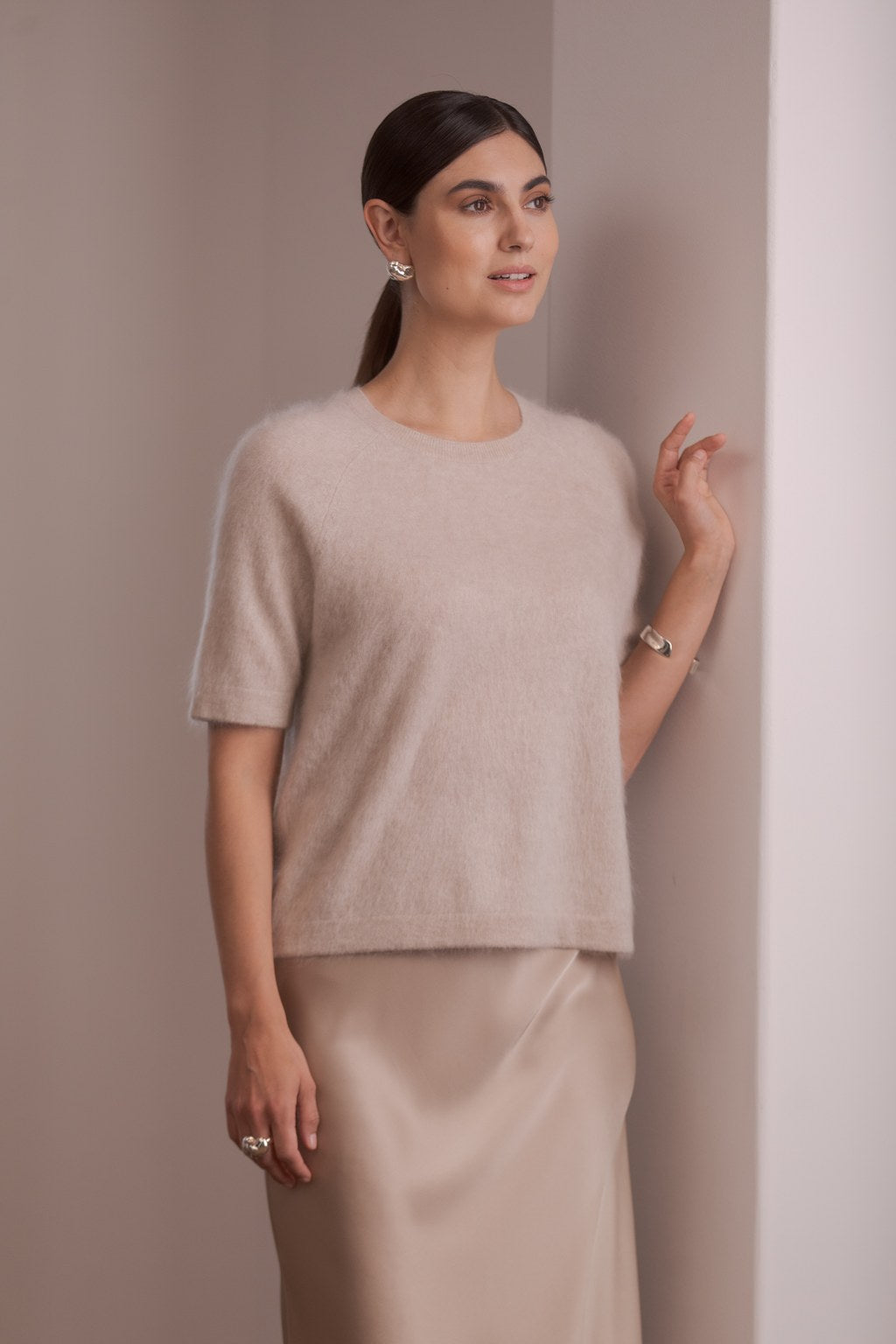 Short sleeve cashmere sweater, Latte