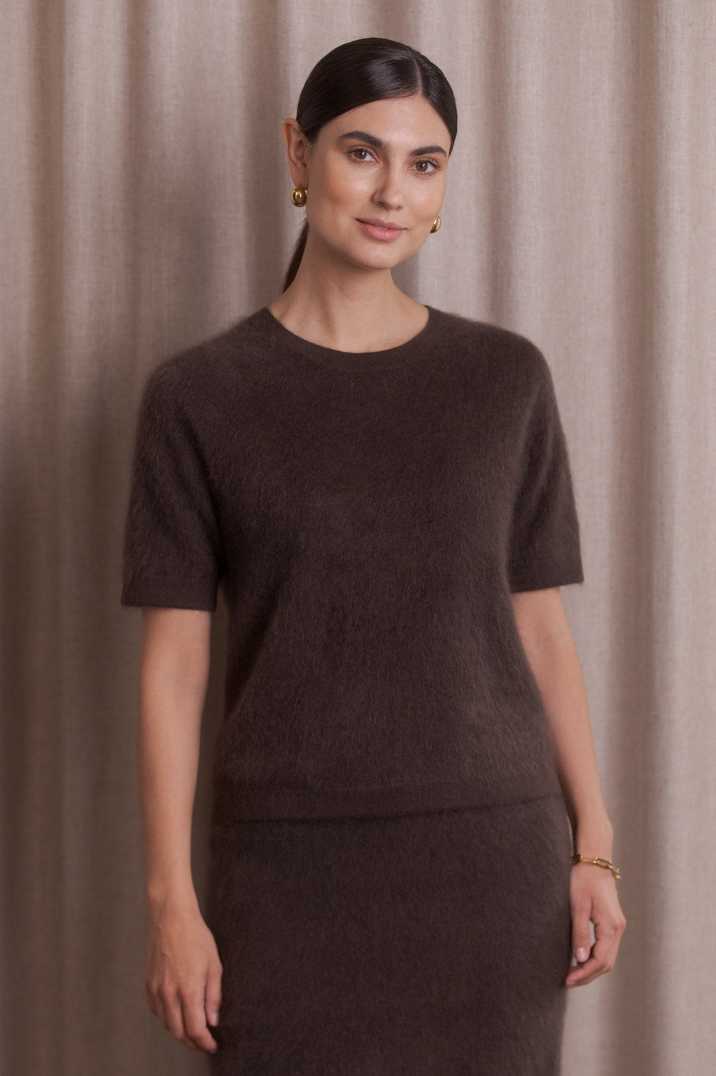 Short-sleeved cashmere sweater, Dark chocolate