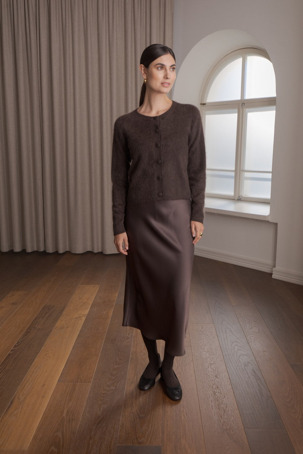 Long-sleeved cashmere cardigan, Dark chocolate