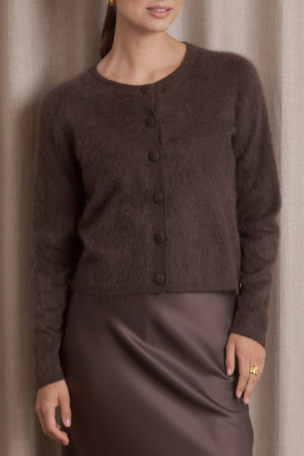 Long-sleeved cashmere cardigan, Dark chocolate