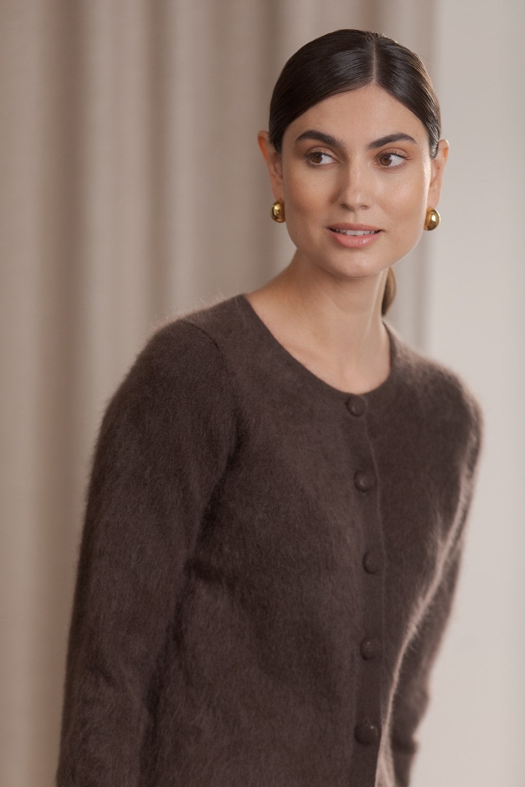 Long-sleeved cashmere cardigan, Dark chocolate