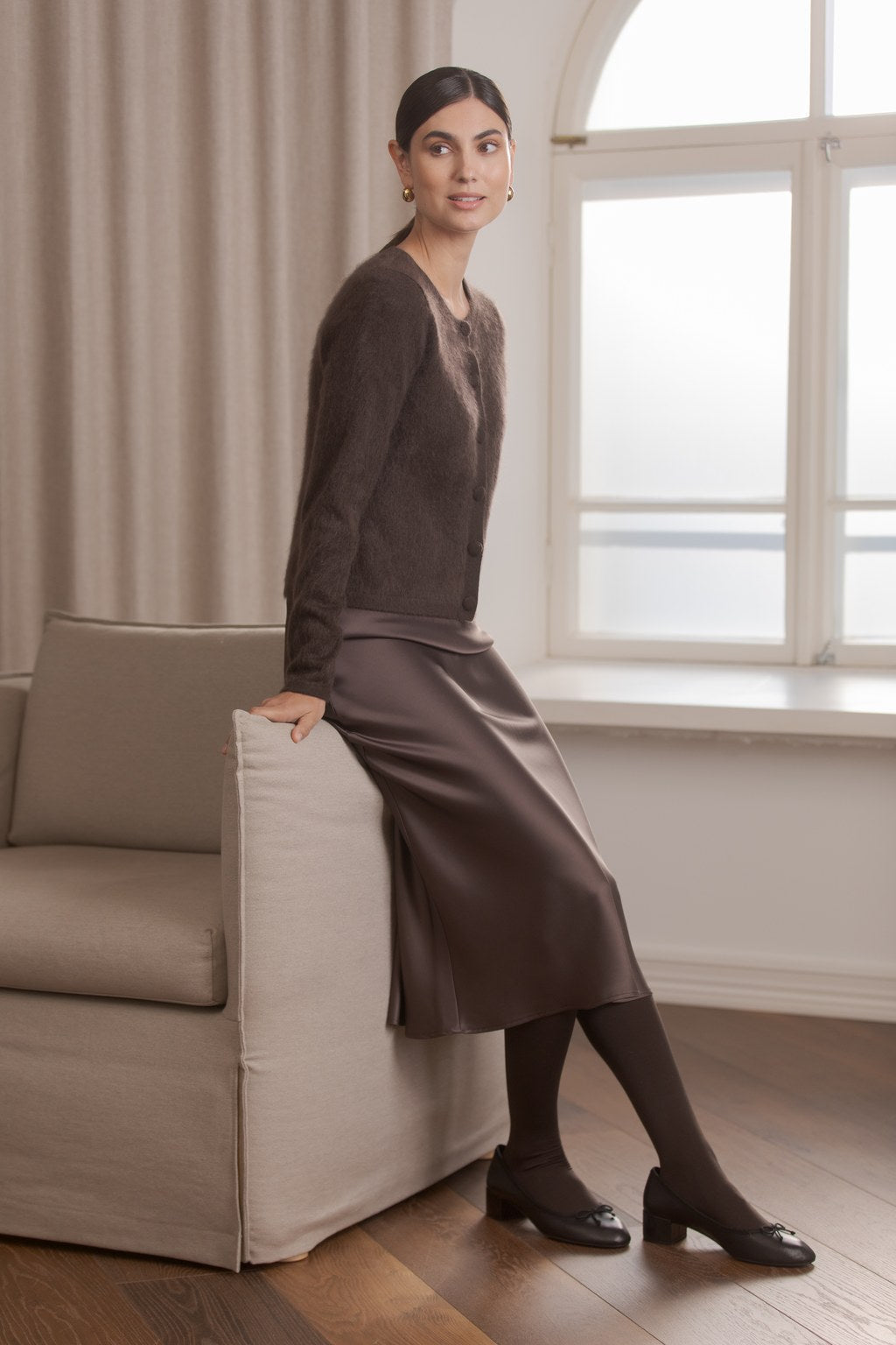 Long-sleeved cashmere cardigan, Dark chocolate