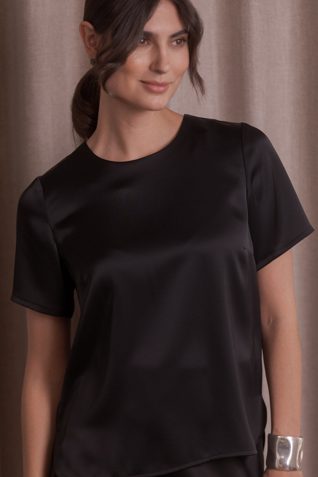 Short sleeve satin shirt, Black