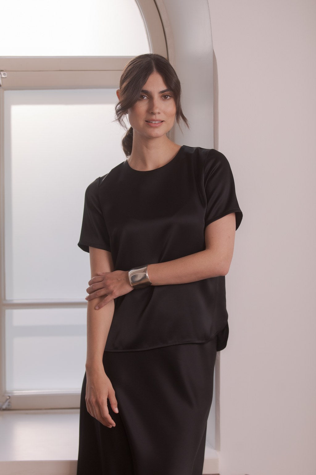 Short sleeve satin shirt, Black