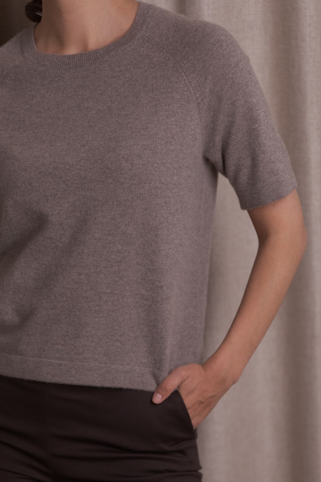 Short-sleeved plain cashmere sweater, Nougat