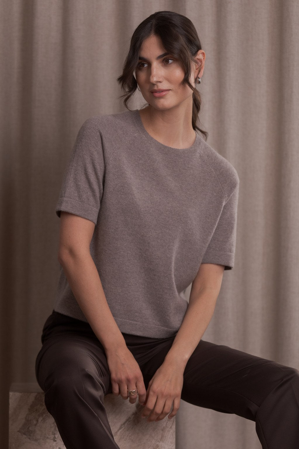 Short-sleeved plain cashmere sweater, Nougat