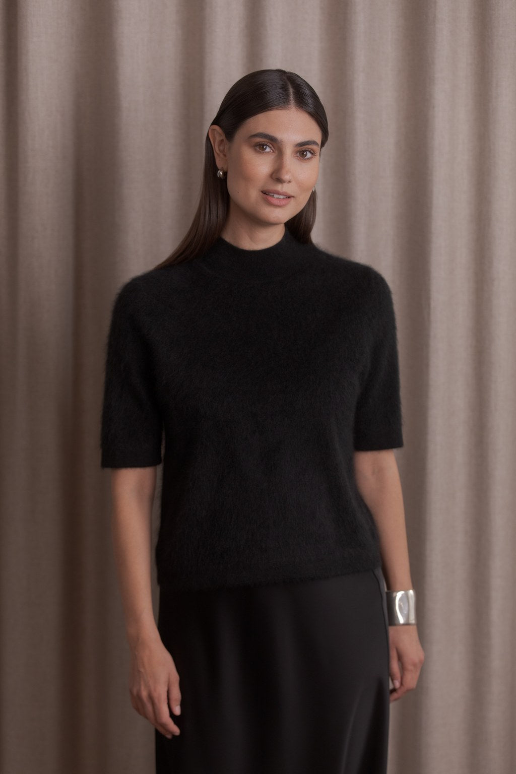 Short sleeve mock neck cashmere sweater, Black