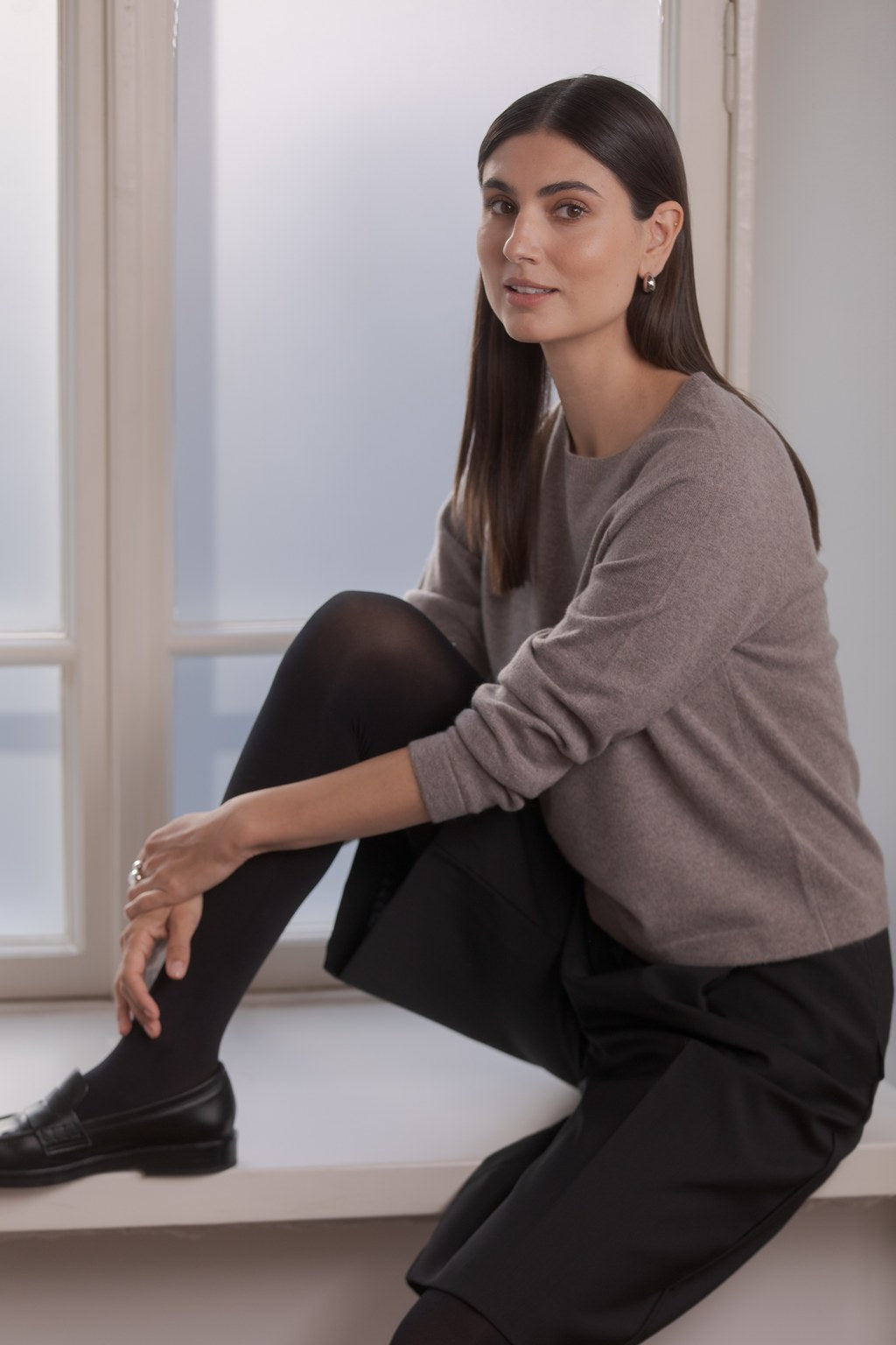 Long-sleeved plain cashmere sweater, Nougat