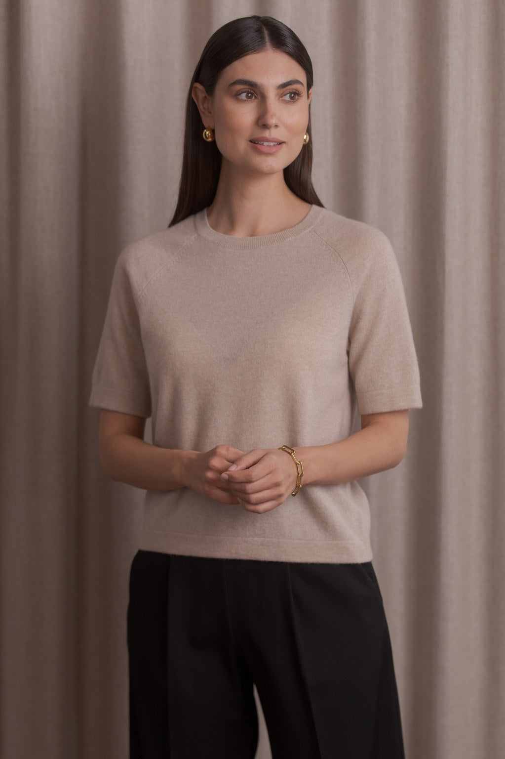 Short sleeve plain cashmere sweater, Latte