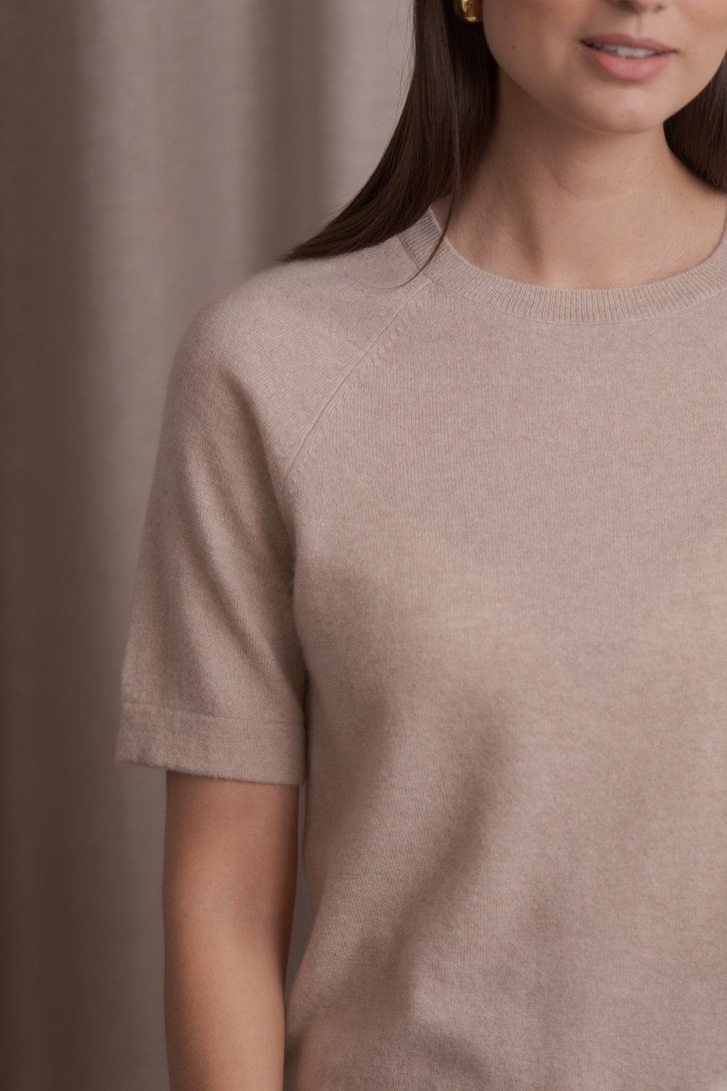 Short-sleeved plain cashmere sweater, Latte