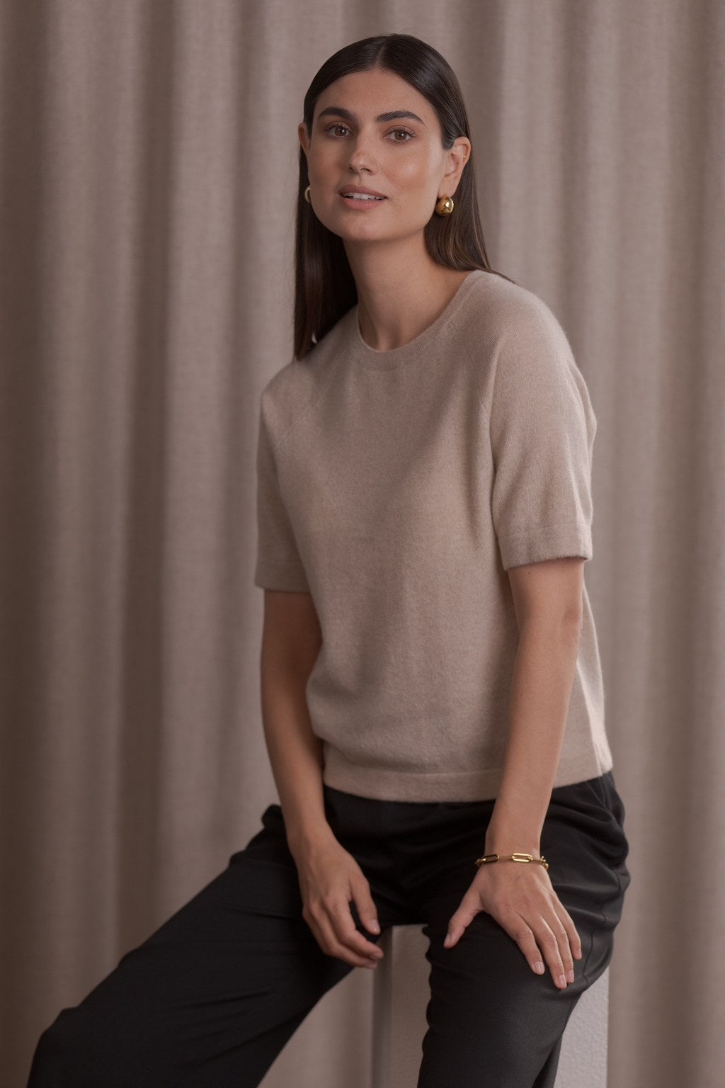 Short-sleeved plain cashmere sweater, Latte