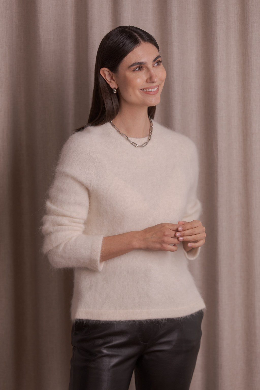 Long-sleeved alpaca blend sweater, Cream