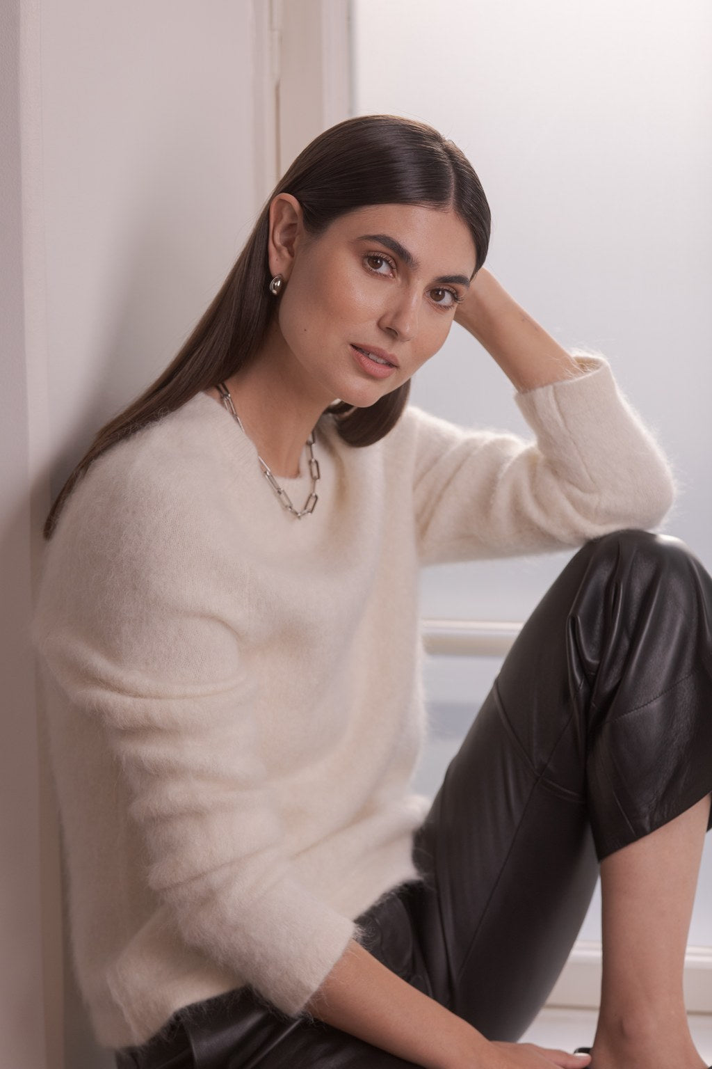 Long-sleeved alpaca blend sweater, Cream