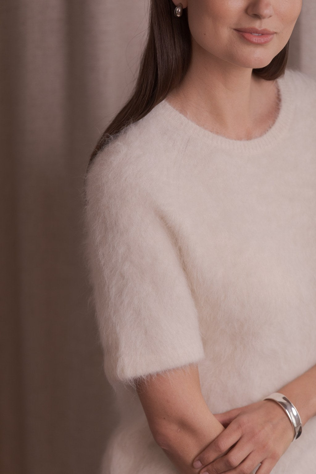 Short-sleeved alpaca blend sweater, Cream