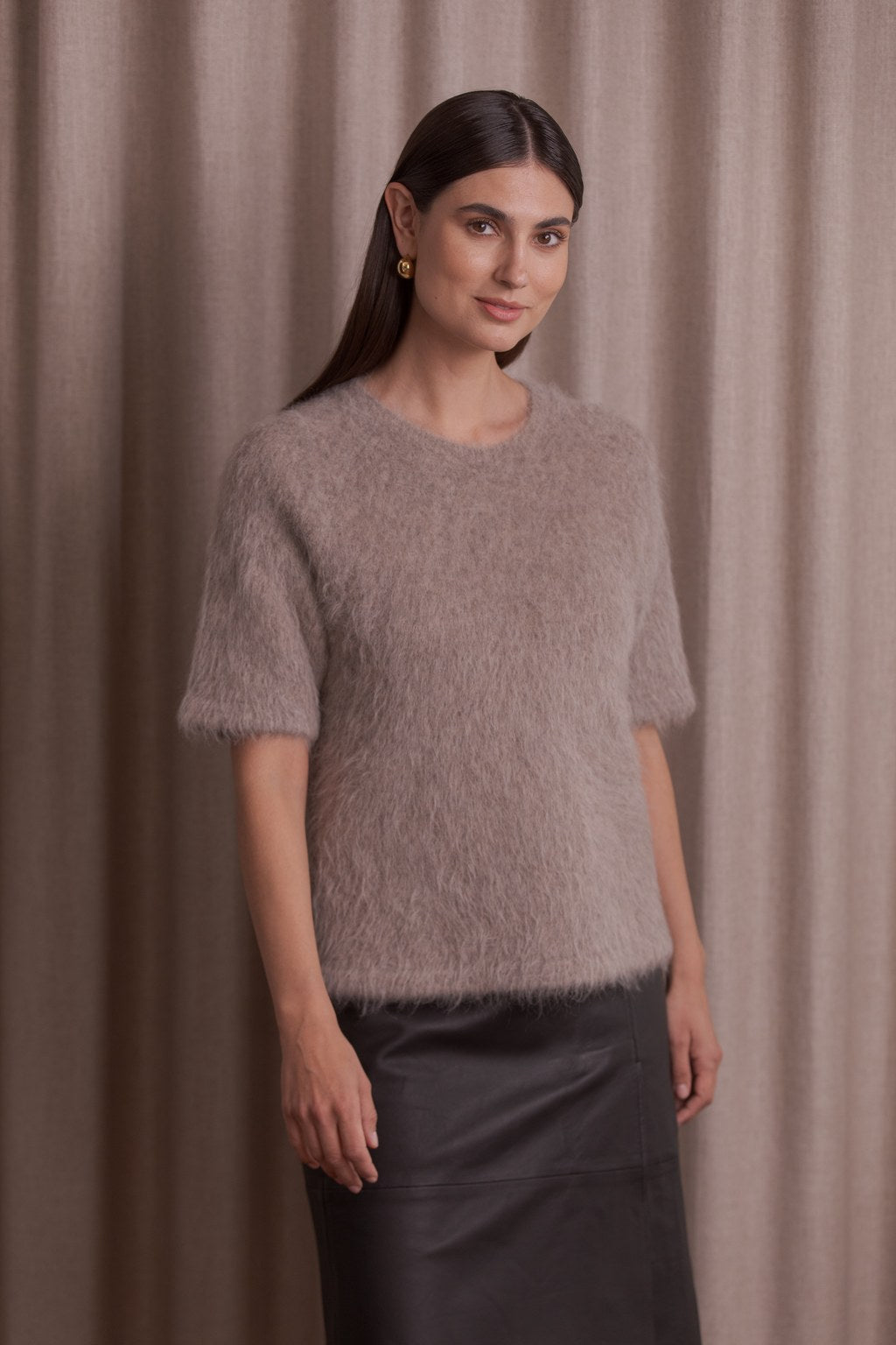 Short-sleeved alpaca-blend sweater, Greige