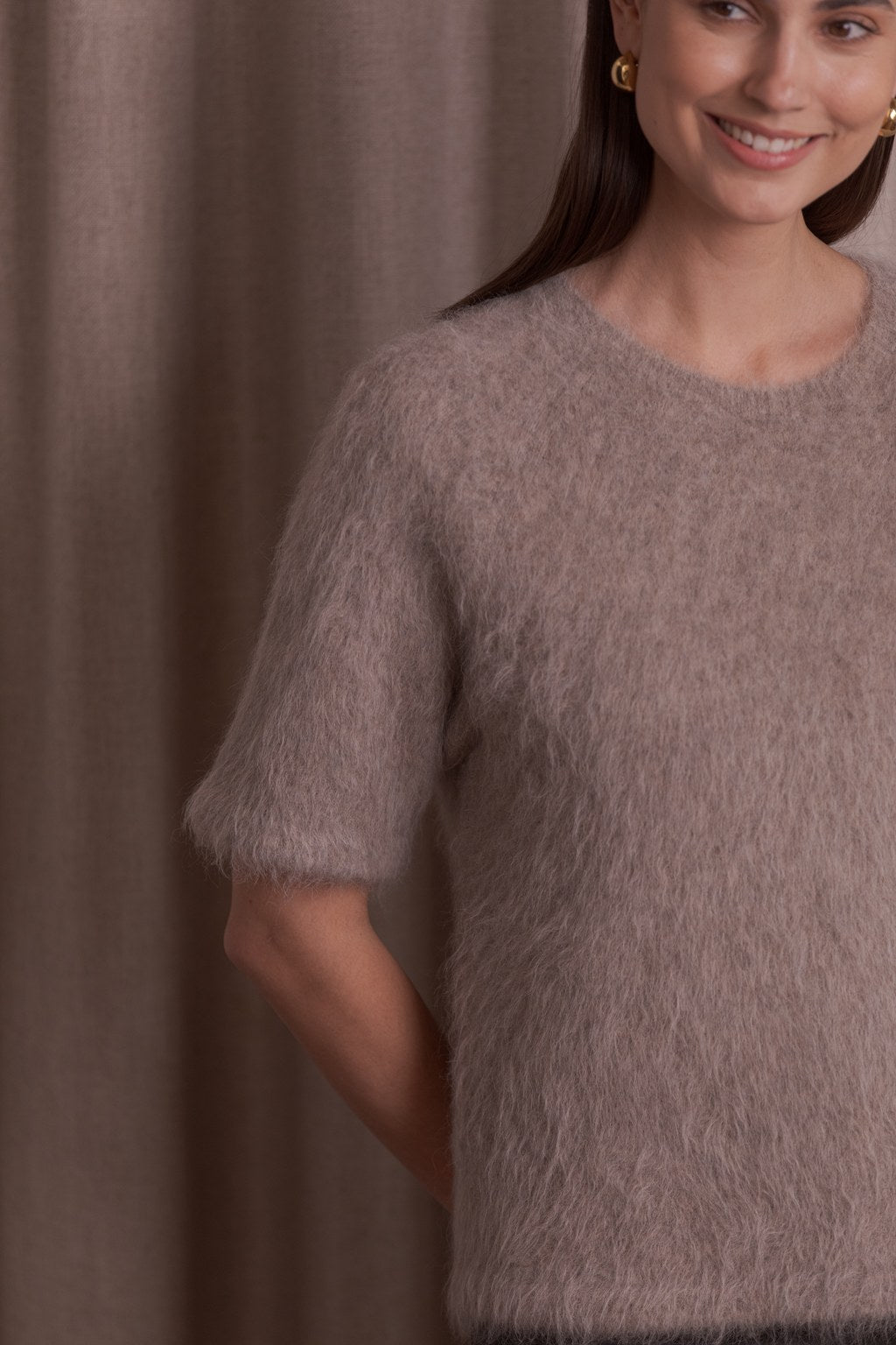Short-sleeved alpaca-blend sweater, Greige