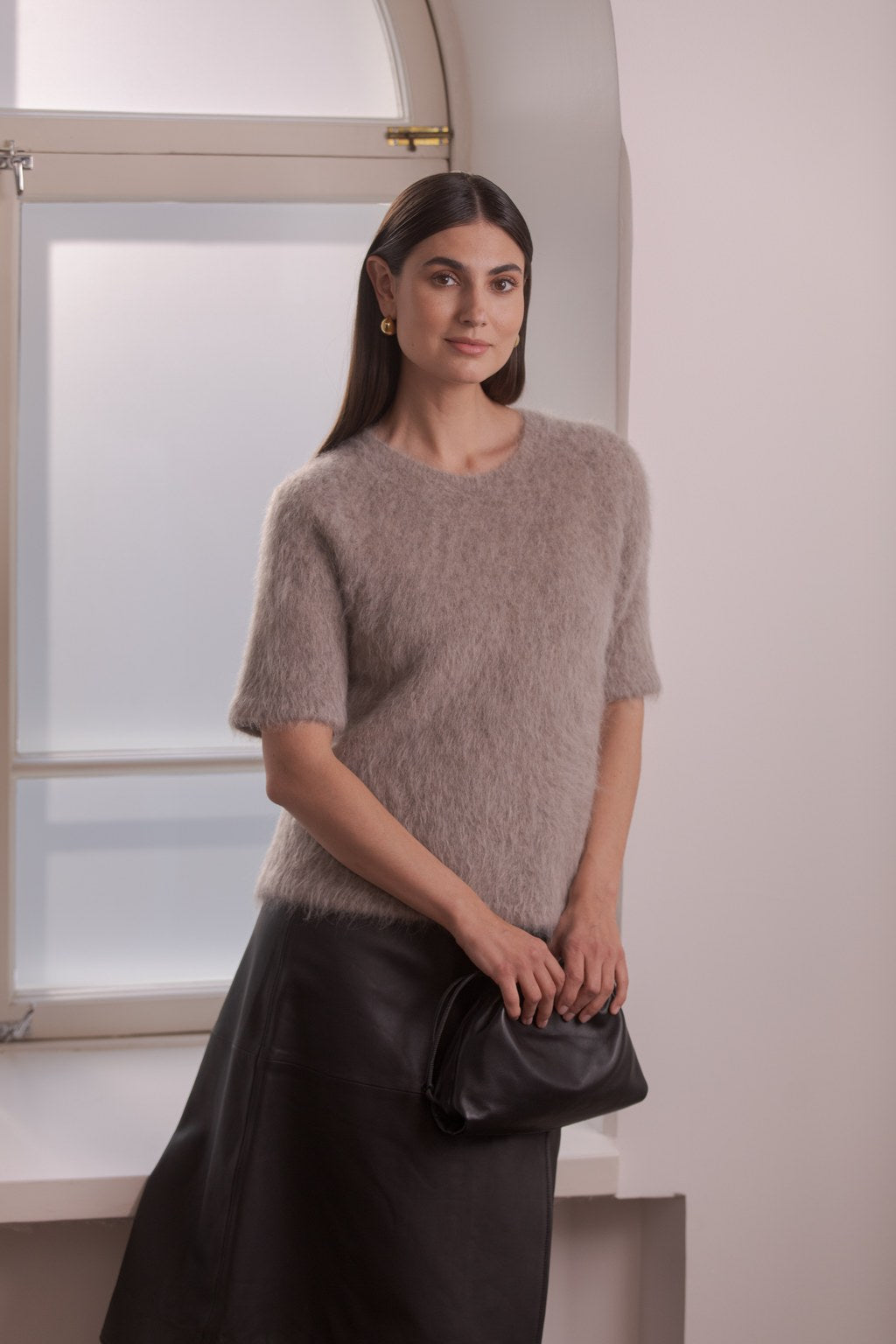 Short-sleeved alpaca-blend sweater, Greige