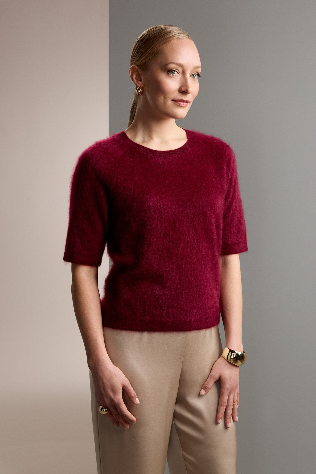 100 % cashmere short sleeve brushed sweater, burgundy