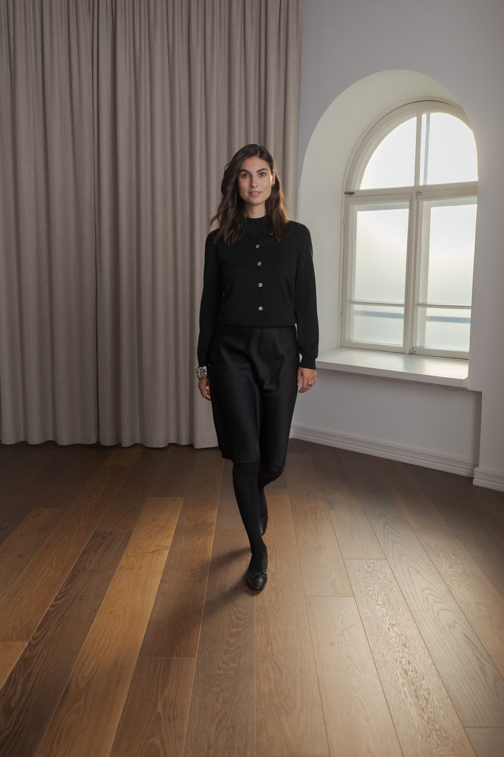Knee-length satin skirt, Black | Original Story