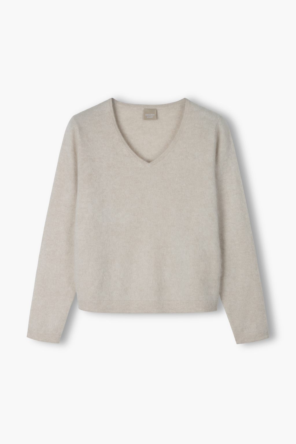 Pitkähihainen harjattu kashmirneule v-kaula-aukolla, latte