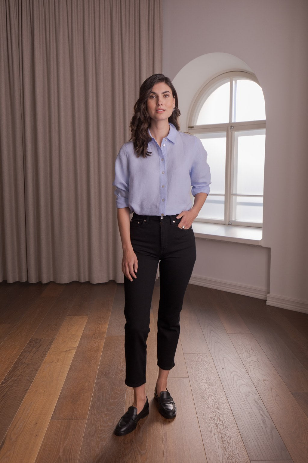 Linen collar shirt, Sky