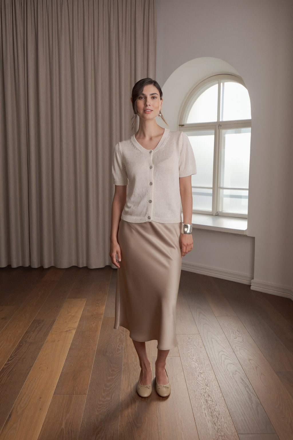 Short-sleeved linen blend cardigan, Cream