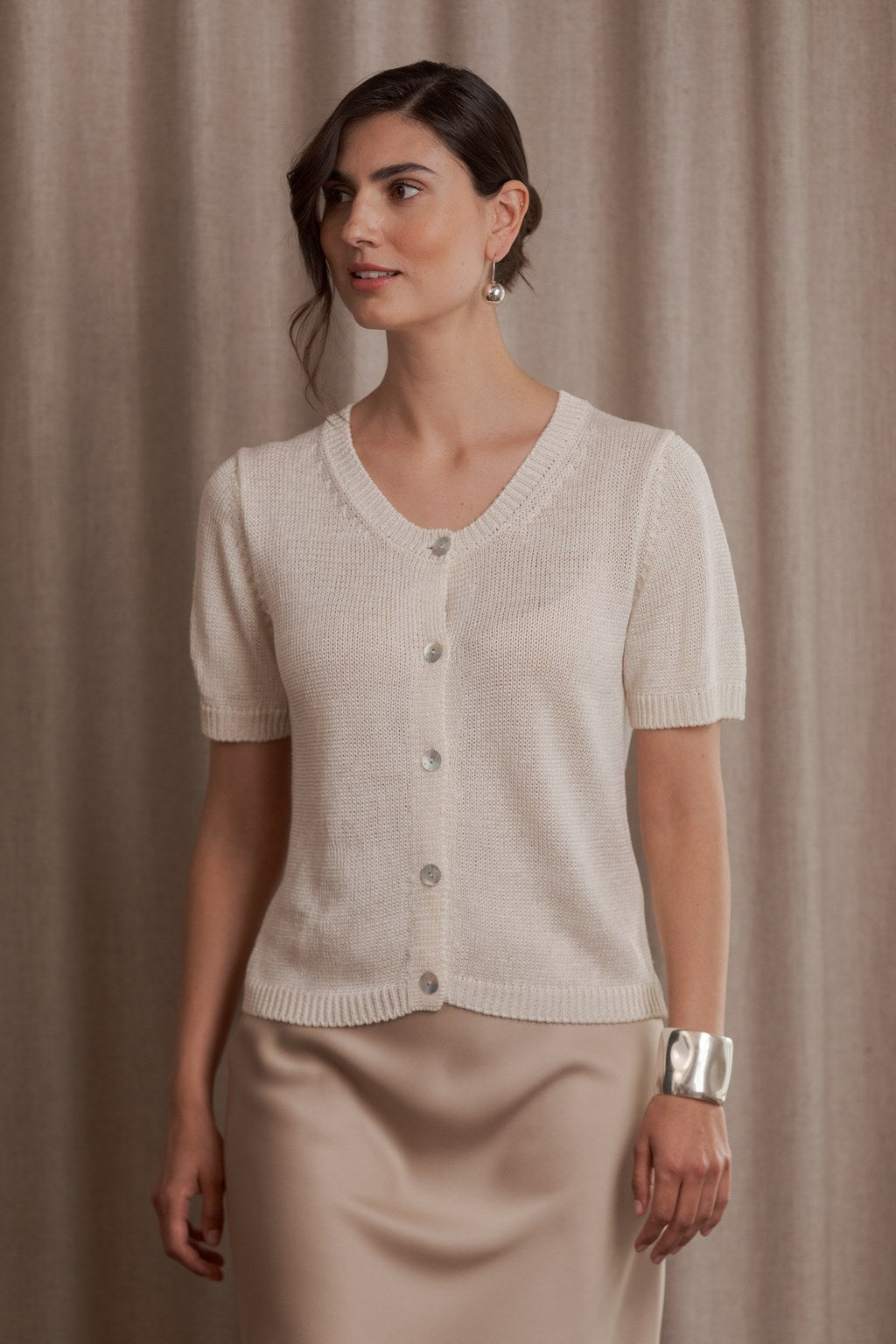 Short-sleeved linen blend cardigan, Cream