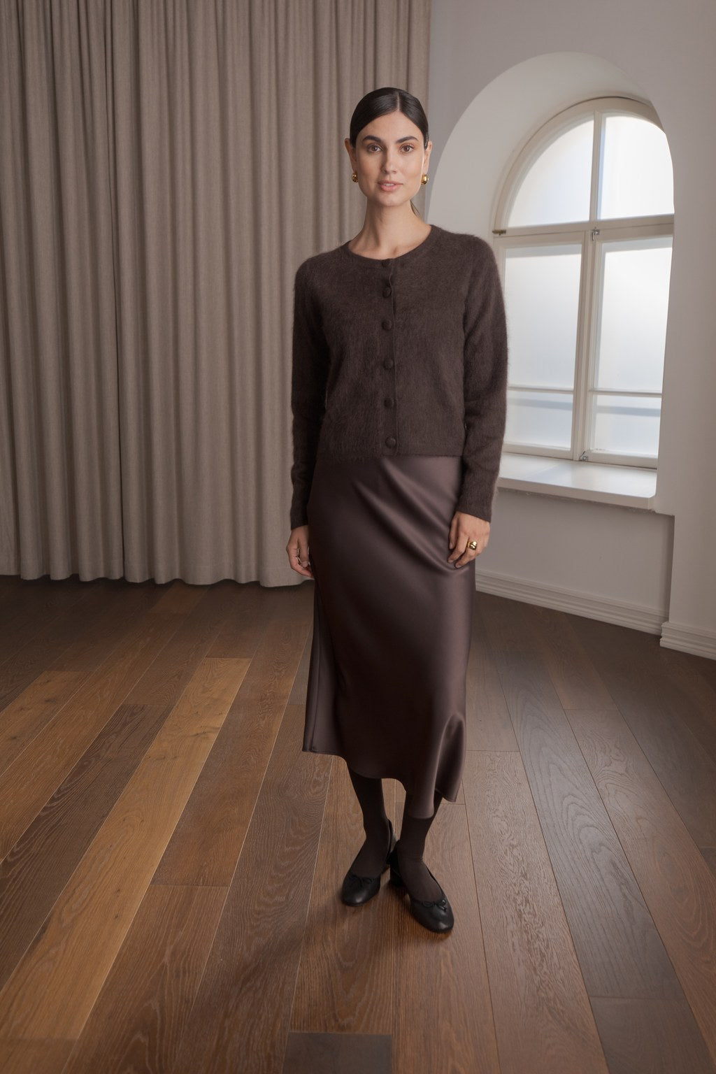 Midi satin skirt, Dark chocolate
