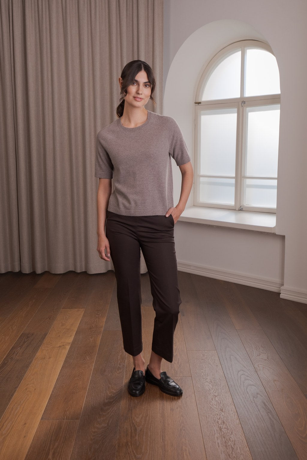 Short-sleeved plain cashmere sweater, Nougat